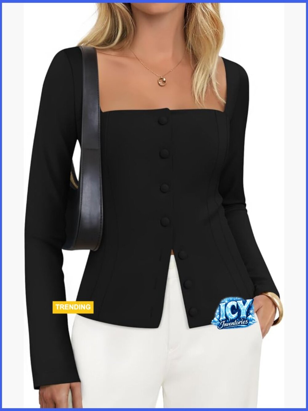 Square Neck Fitted Blazer Jacket Long Sleeve Button Up Slim Fit